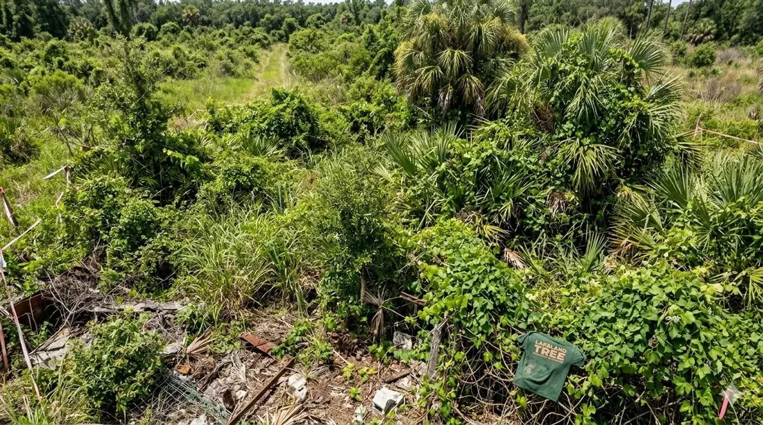 After lot clearing in Auburndale FL — same Polk County lot fully cleared with Lakeland Tree trucks on site