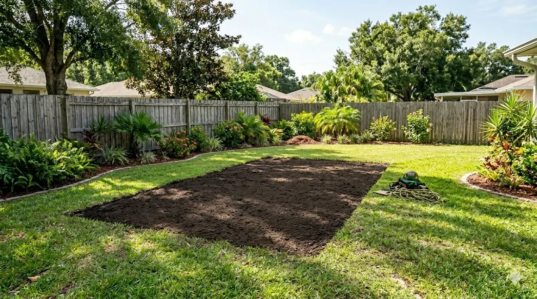 After stump grinding — Bartow FL backyard with stump fully ground below grade and area leveled, ready for sod