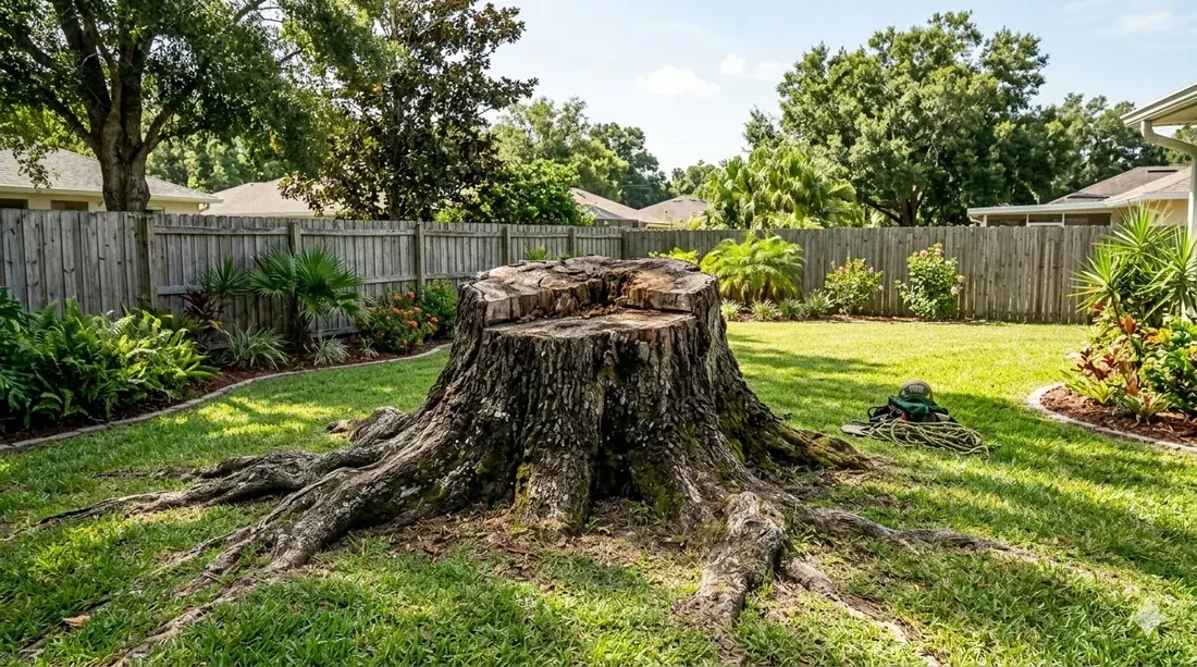 Massive 4-foot diameter oak stump in a Bartow FL backyard before stump grinding