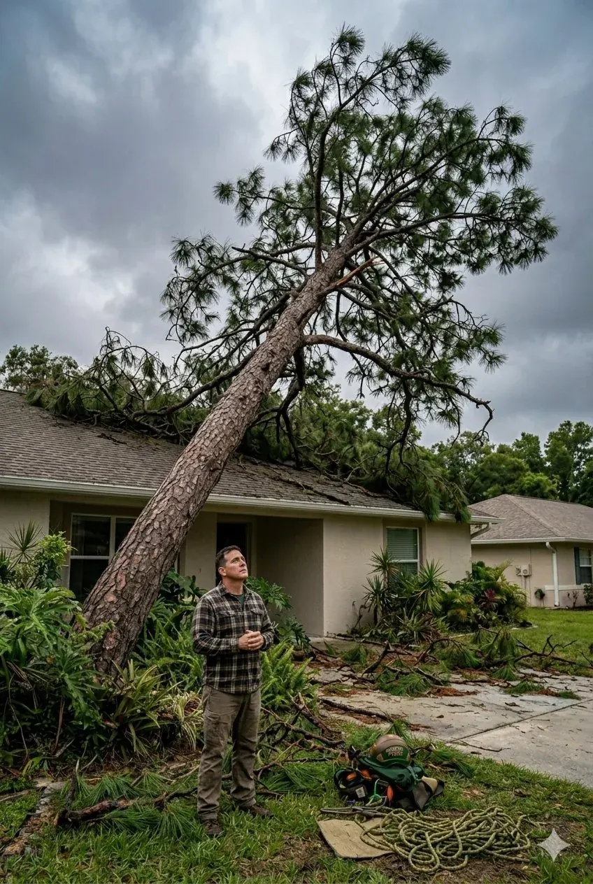 Before: large pine tree fallen on the roof of a Lakeland home after a tropical storm in Cleveland Heights