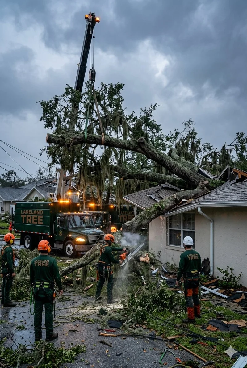 24/7 emergency tree removal crew responding to storm damage on a Lakeland home with crane