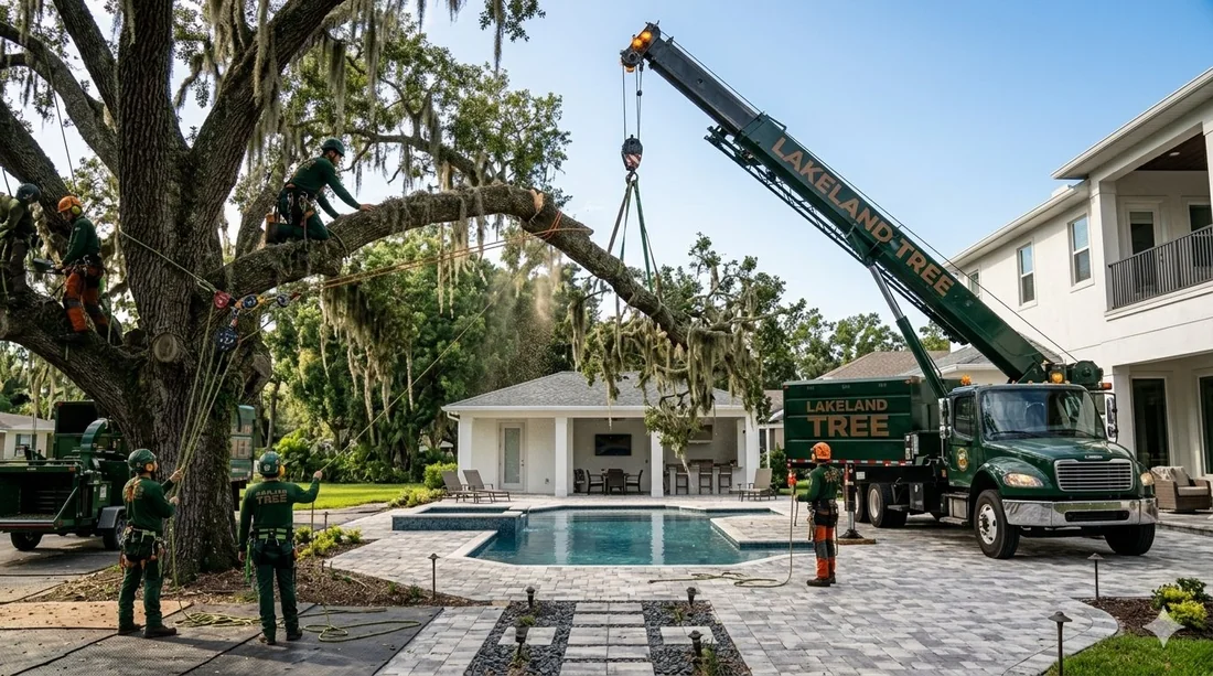 Large oak tree removal in Winter Haven FL with crane assistance near a Polk County home