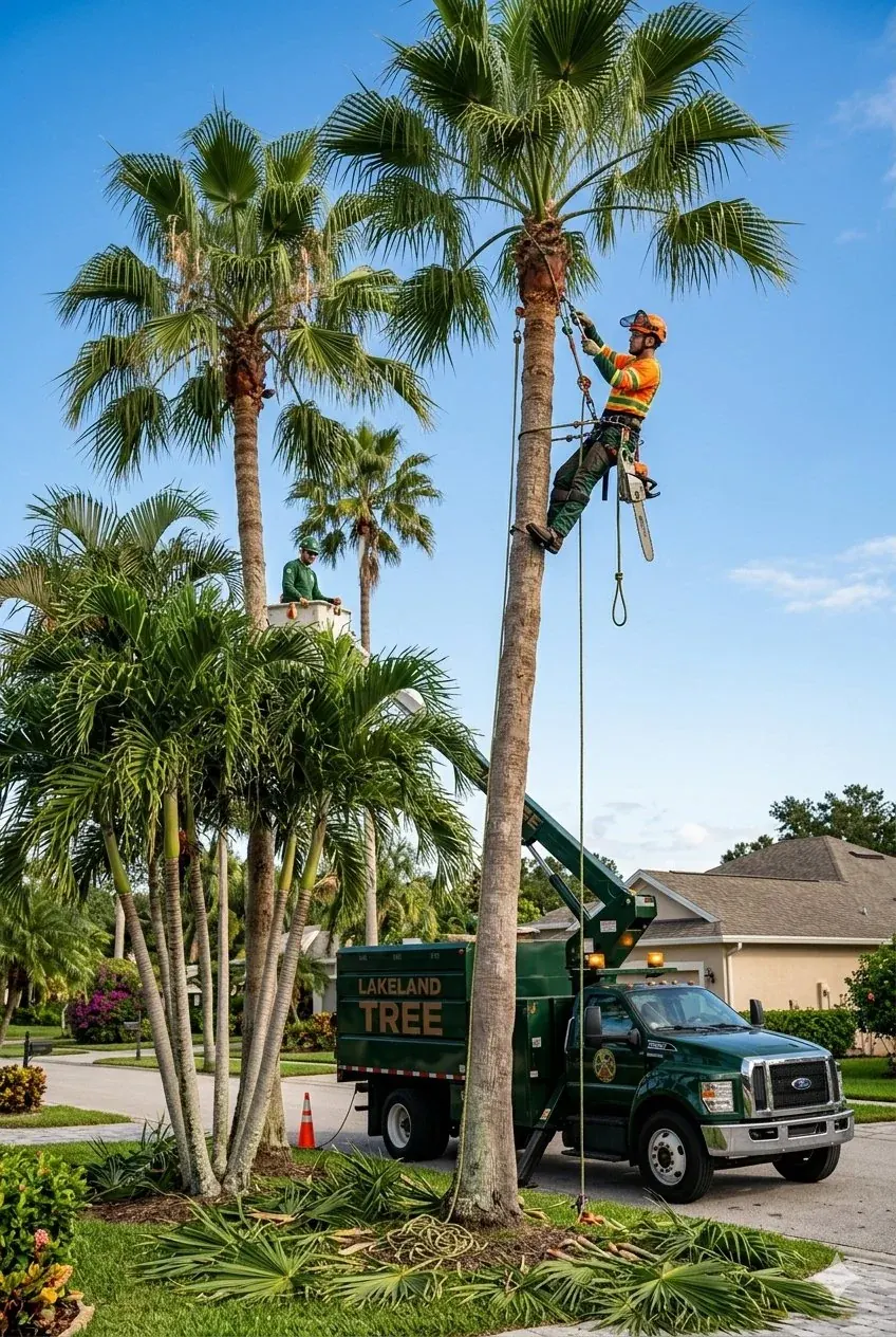 Palm tree service in Lake Wales FL — climber trimming a tall Royal palm in a Polk County neighborhood