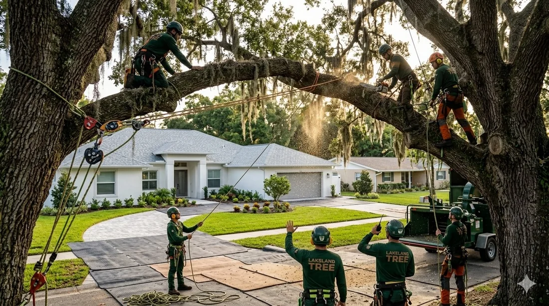 Tree removal service in Mulberry FL — Lakeland Tree crew rigging a large oak branch over a Polk County home