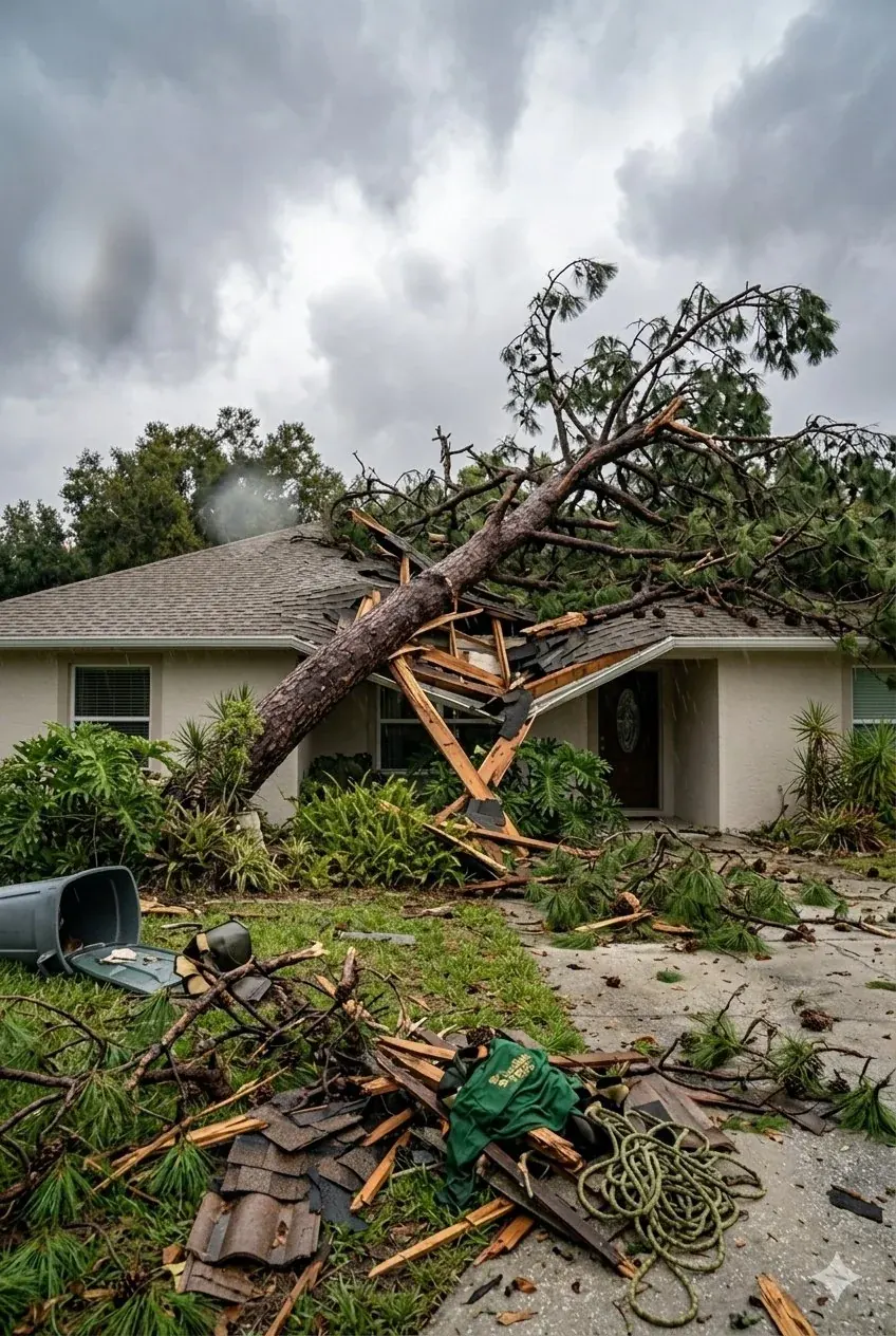Dying tree fallen on a Lakeland home — illustrating the cost of ignoring early warning signs