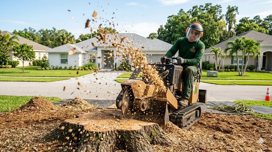 Stump grinding service in Lakeland — operator grinding a tree stump with wood chips flying in a Polk County yard