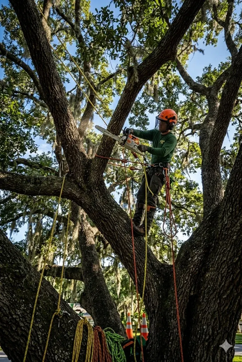 Certified tree climber high in a Lakeland Live Oak with chainsaw and safety harness during tree removal