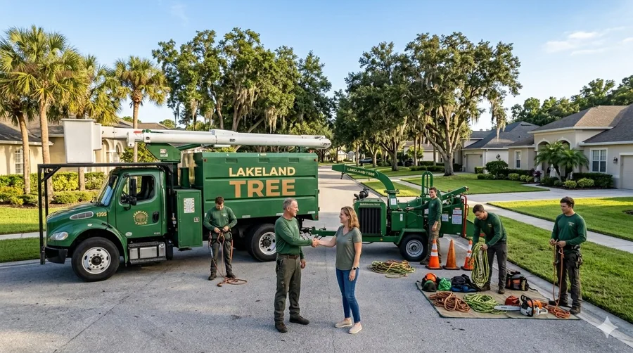 Lakeland tree pro shaking hands with a homeowner in a Lakeland Florida neighborhood after scheduling tree removal