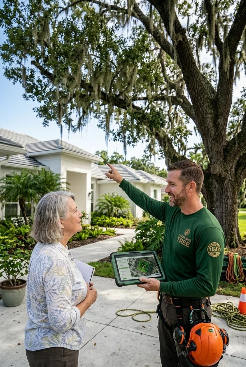Lakeland Tree team member reviewing tree-removal permit requirements with a homeowner on a tablet