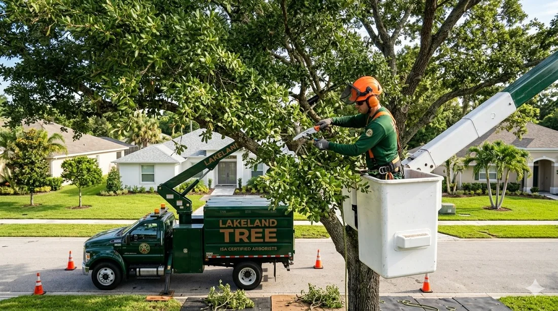 Tree trimming service in Plant City FL — Lakeland Tree bucket truck arborist pruning a canopy in a residential neighborhood